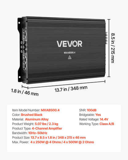 Car Audio Amplifier, 4-Channel Bridgeable Car Amplifier, Multichannel Class AB Stereo Amp, Max. 4 x 250W at 4 Ohms / 4 x 500W at 2 Ohms, High Output, for SUVs, Pickups, and Off-Road Vehicles