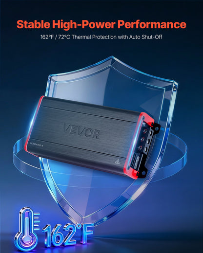 Car Audio Amplifier, 4-Channel Bridgeable Car Amplifier, Multichannel Class D Stereo Amp, Max. 4 x 272W at 4 Ohms / 4 x 400W at 2 Ohms, High Output, for SUVs, Pickups, and Off-Road Vehicles