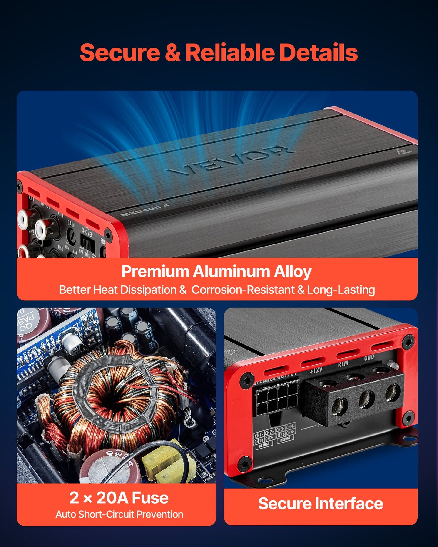 Car Audio Amplifier, 4-Channel Bridgeable Car Amplifier, Multichannel Class D Stereo Amp, Max. 4 x 272W at 4 Ohms / 4 x 400W at 2 Ohms, High Output, for SUVs, Pickups, and Off-Road Vehicles