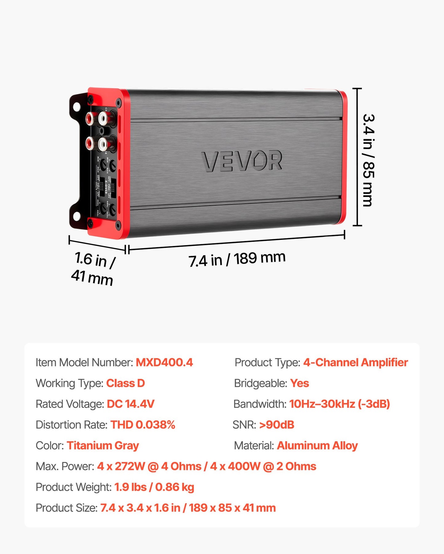 Car Audio Amplifier, 4-Channel Bridgeable Car Amplifier, Multichannel Class D Stereo Amp, Max. 4 x 272W at 4 Ohms / 4 x 400W at 2 Ohms, High Output, for SUVs, Pickups, and Off-Road Vehicles