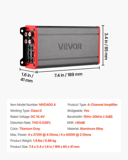 Car Audio Amplifier, 4-Channel Bridgeable Car Amplifier, Multichannel Class D Stereo Amp, Max. 4 x 272W at 4 Ohms / 4 x 400W at 2 Ohms, High Output, for SUVs, Pickups, and Off-Road Vehicles