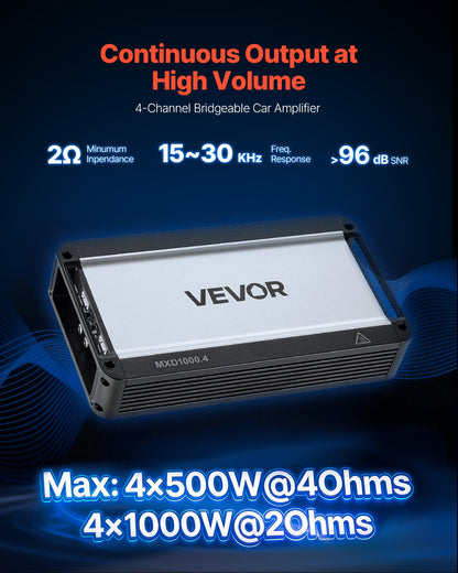 Car Audio Amplifier, 4-Channel Bridgeable Car Amplifier, Multichannel Class D Stereo Amp, Max. 4 x 500W at 4 Ohms / 4 x 1000W at 2 Ohms, High Output, for SUVs, Pickups, and Off-Road Vehicles