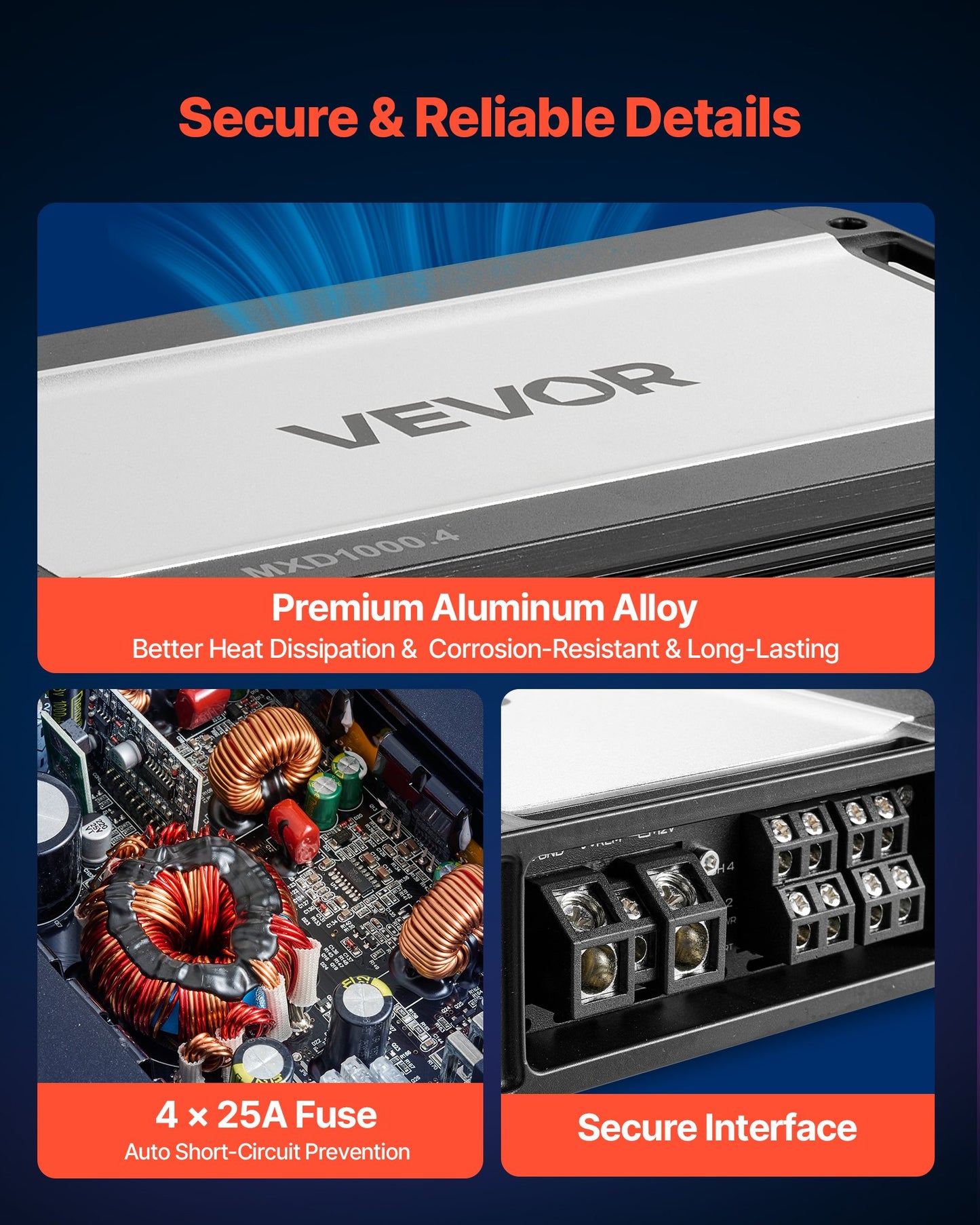 Car Audio Amplifier, 4-Channel Bridgeable Car Amplifier, Multichannel Class D Stereo Amp, Max. 4 x 500W at 4 Ohms / 4 x 1000W at 2 Ohms, High Output, for SUVs, Pickups, and Off-Road Vehicles