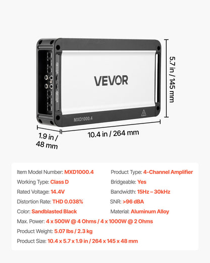 Car Audio Amplifier, 4-Channel Bridgeable Car Amplifier, Multichannel Class D Stereo Amp, Max. 4 x 500W at 4 Ohms / 4 x 1000W at 2 Ohms, High Output, for SUVs, Pickups, and Off-Road Vehicles
