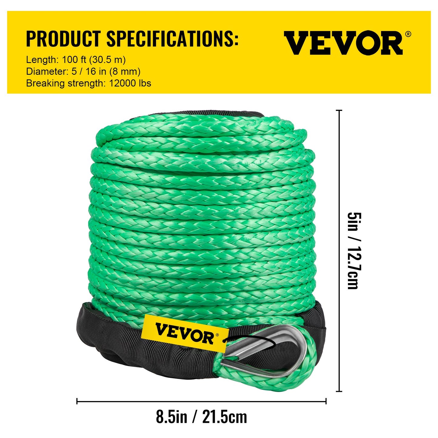 VEVOR Green Synthetic Winch Line 5/16 Inch X100FT Synthetic Winch Rope 12000 LBS