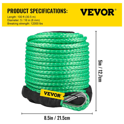 Green Synthetic Winch Rope, 0.79 cm x 30.48 m, 5.44 Ton Capacity, Durable & Lightweight