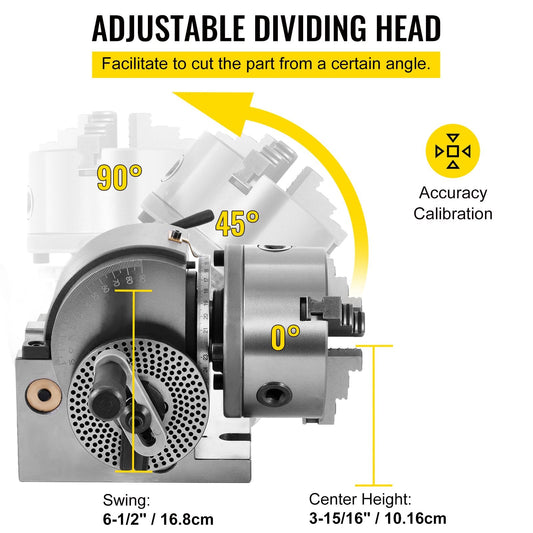 Precision Dividing Head Set with 0.125m 3-Jaw Chuck & Tailstock for Milling