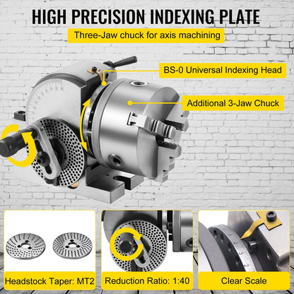 Precision Dividing Head Set with 0.125m 3-Jaw Chuck & Tailstock for Milling