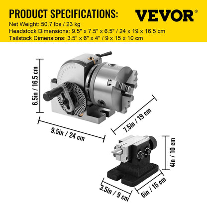 Precision Dividing Head Set with 0.125m 3-Jaw Chuck & Tailstock for Milling