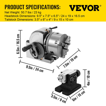 VEVOR BS-0 Dividing Head 5 Inch, Precision Dividing Head Set with 5" 3-jaw Chuck