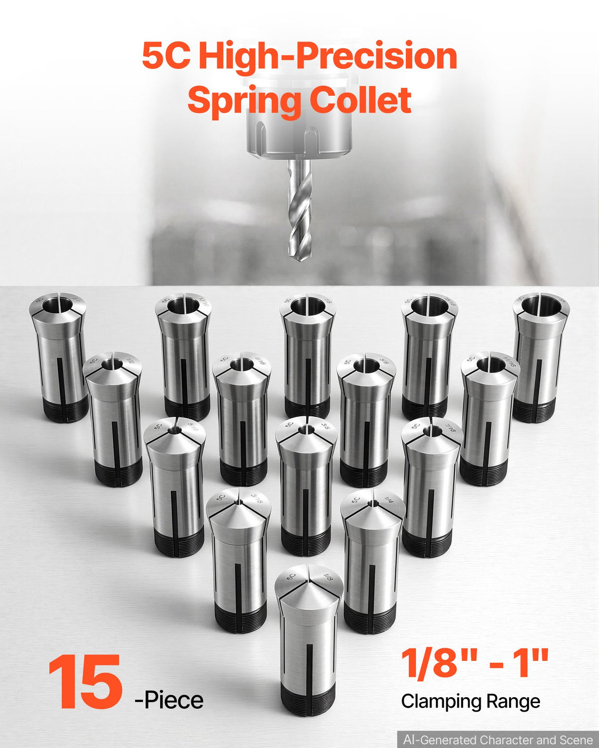 5C Collet Set 1/8"-1" 15 Piece Precision 5C Round Collet Chuck Set, for Milling Machine Drill Presses, 0.0008" TIR High Concentricity, Lathe Chuck Tool with Storage Case, Hardened & Ground