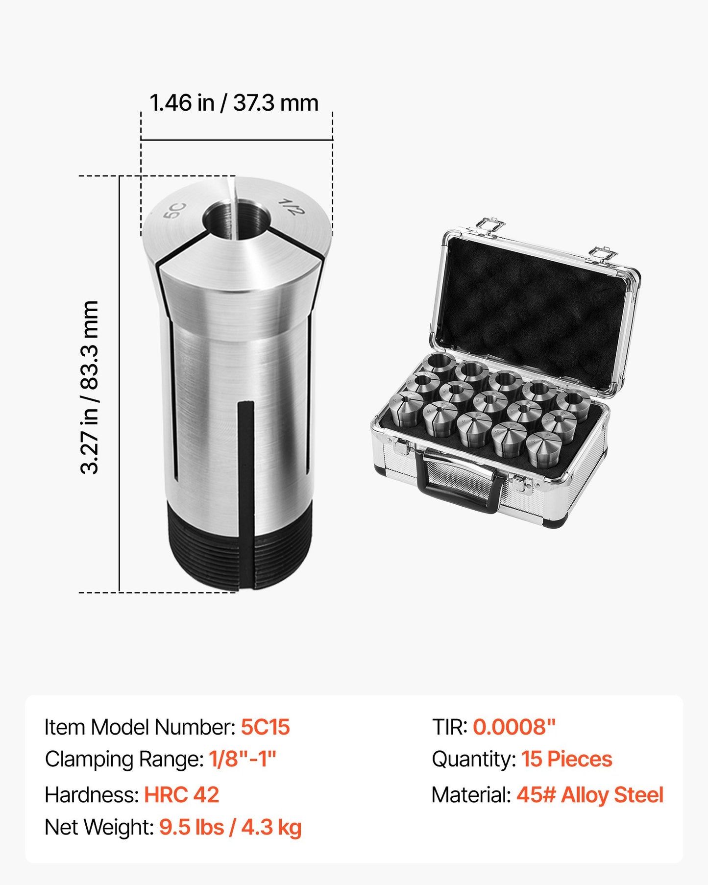 5C Collet Set 1/8"-1" 15 Piece Precision 5C Round Collet Chuck Set, for Milling Machine Drill Presses, 0.0008" TIR High Concentricity, Lathe Chuck Tool with Storage Case, Hardened & Ground