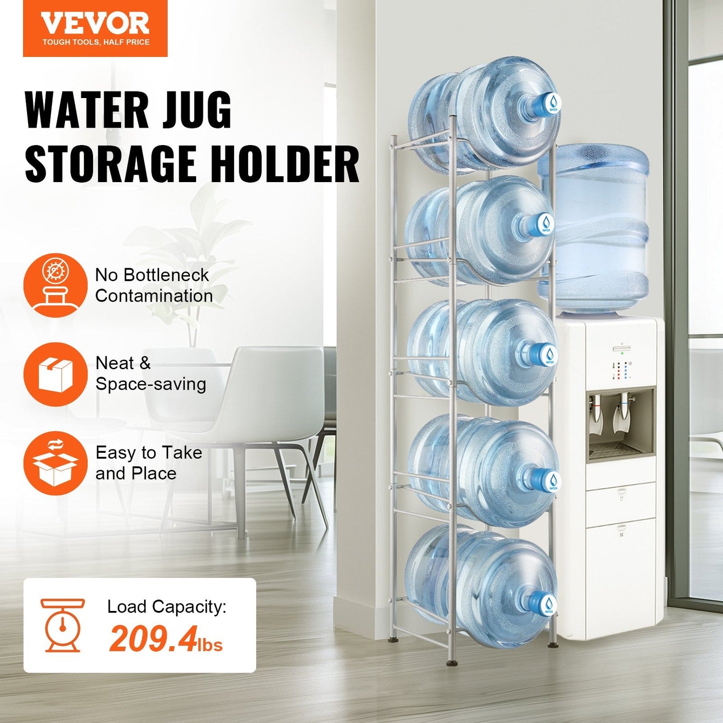 5-Tier Silver Water Bottle Rack for 5 Jugs, Single Row, Iron, Easy Install