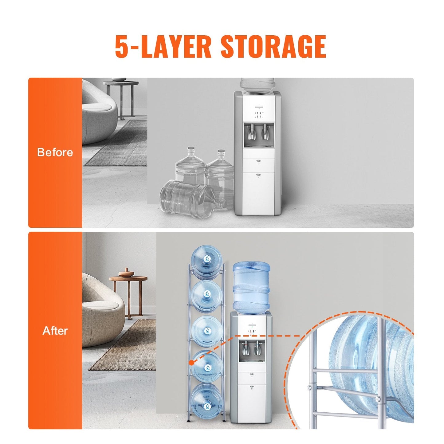5-Tier Silver Water Bottle Rack for 5 Jugs, Single Row, Iron, Easy Install