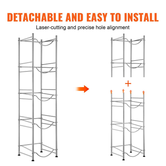 5-Tier Silver Water Bottle Rack for 5 Jugs, Single Row, Iron, Easy Install
