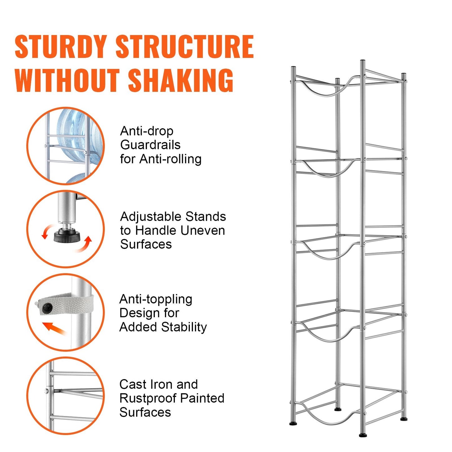 5-Tier Silver Water Bottle Rack for 5 Jugs, Single Row, Iron, Easy Install