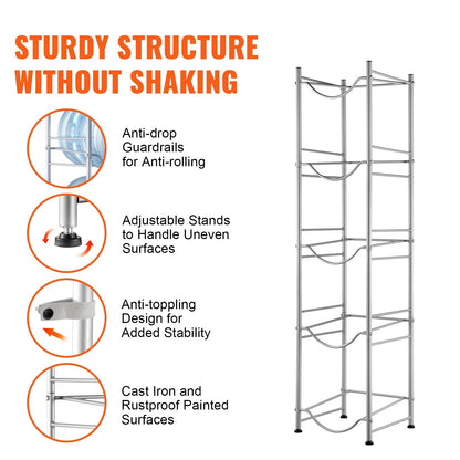 5-Tier Silver Water Bottle Rack for 5 Jugs, Single Row, Iron, Easy Install