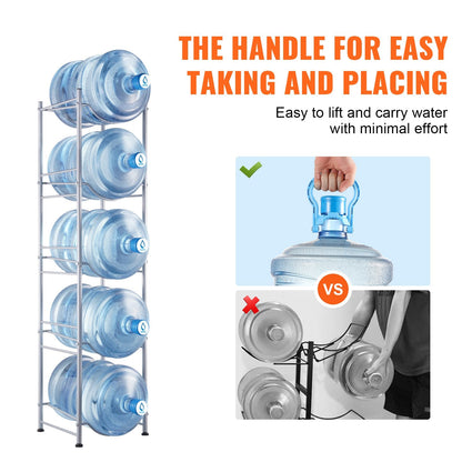 5-Tier Silver Water Bottle Rack for 5 Jugs, Single Row, Iron, Easy Install