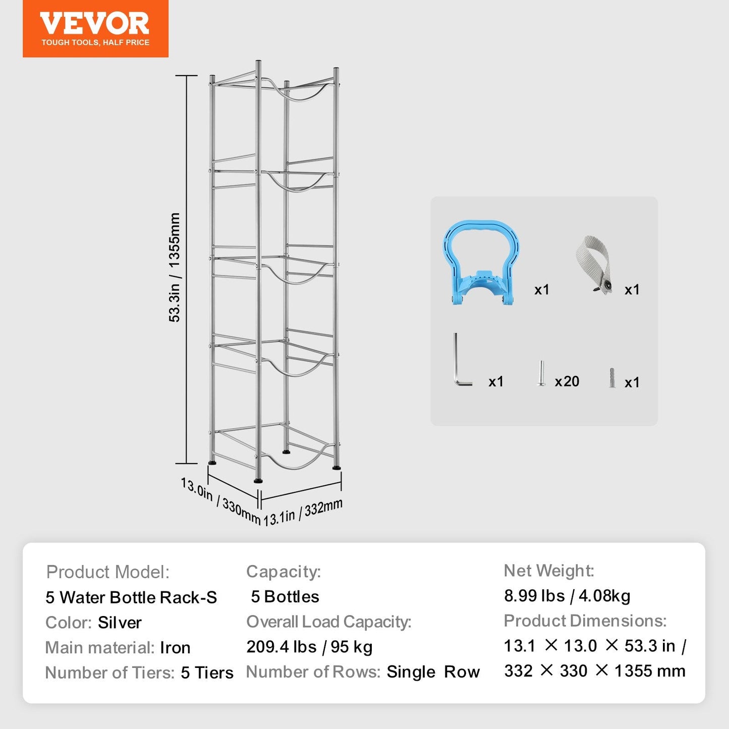 5-Tier Silver Water Bottle Rack for 5 Jugs, Single Row, Iron, Easy Install