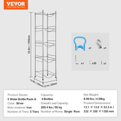 5-Tier Silver Water Bottle Rack for 5 Jugs, Single Row, Iron, Easy Install