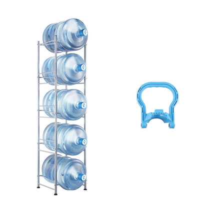 5-Tier Silver Water Bottle Rack for 5 Jugs, Single Row, Iron, Easy Install