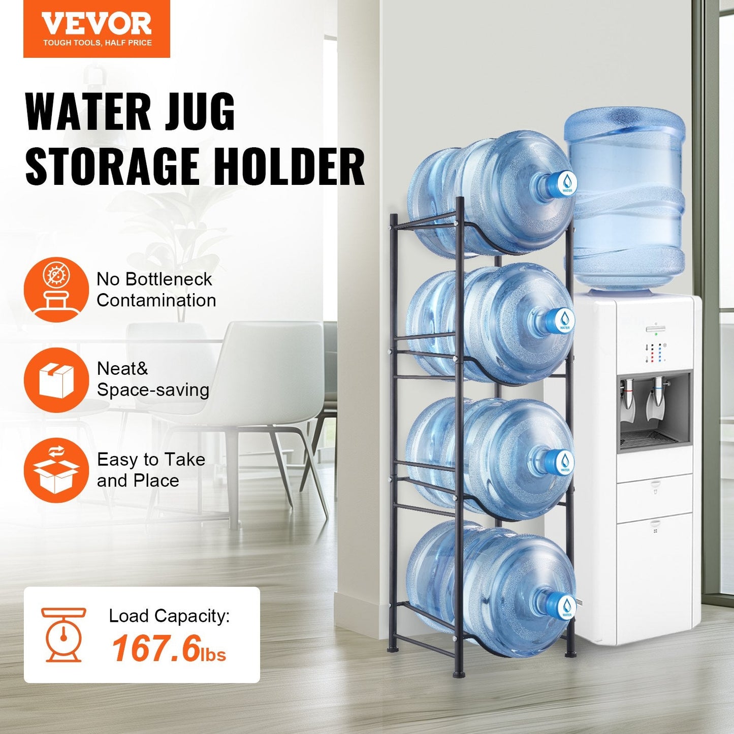 4-Tier Black Water Bottle Rack, Single Row, Holds 4 Bottles, Iron Construction
