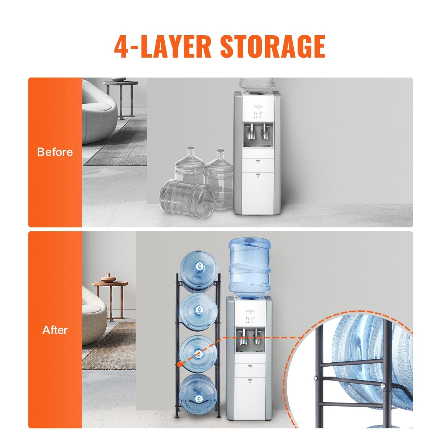 4-Tier Black Water Bottle Rack, Single Row, Holds 4 Bottles, Iron Construction