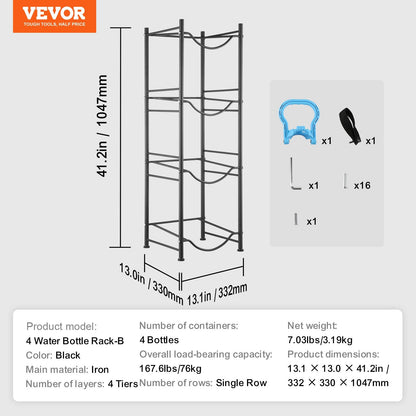 4-Tier Black Water Bottle Rack, Single Row, Holds 4 Bottles, Iron Construction