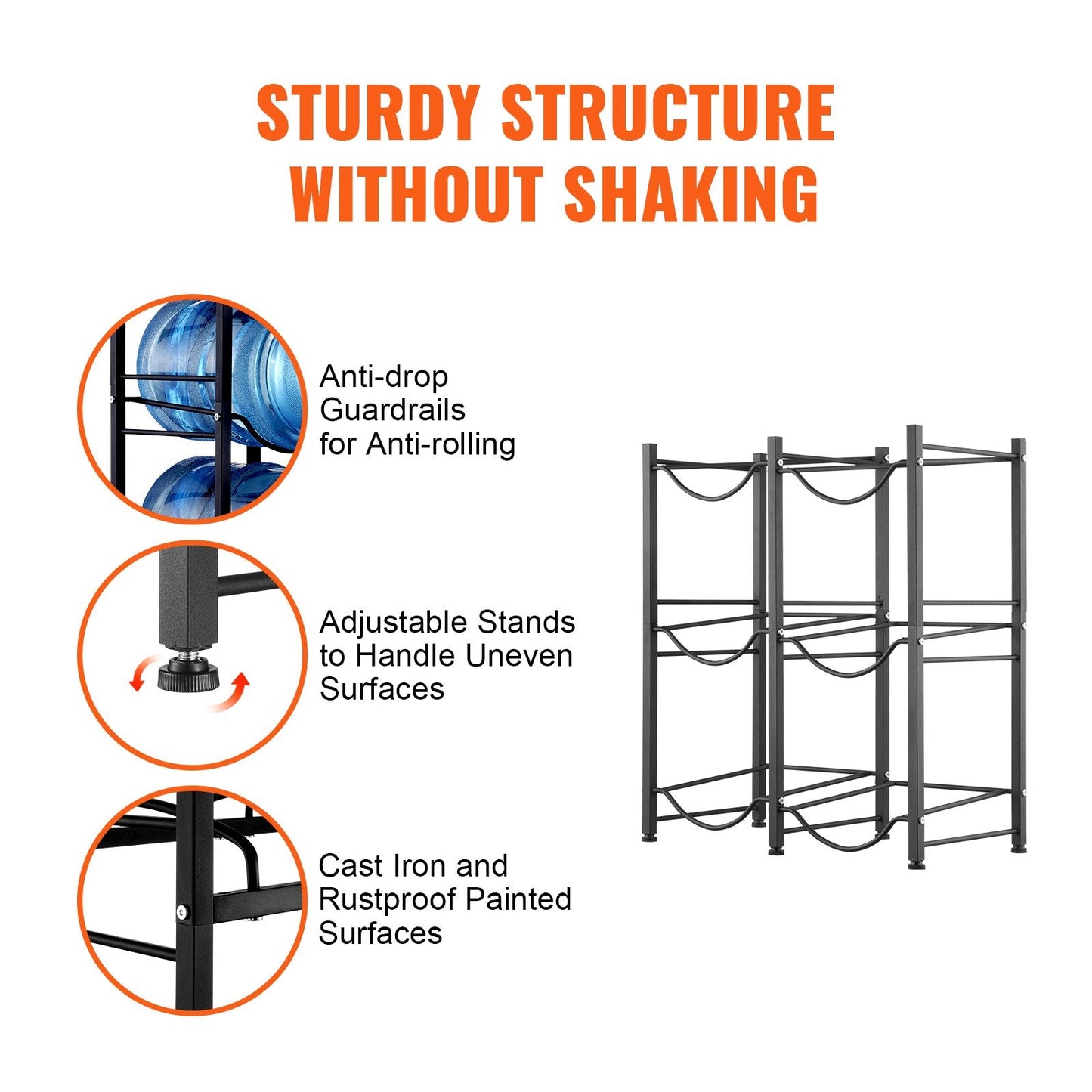 3-Tier Black Iron Water Jug Holder for 6 Bottles, Double Row Storage Rack