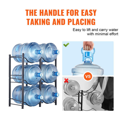 3-Tier Black Iron Water Jug Holder for 6 Bottles, Double Row Storage Rack