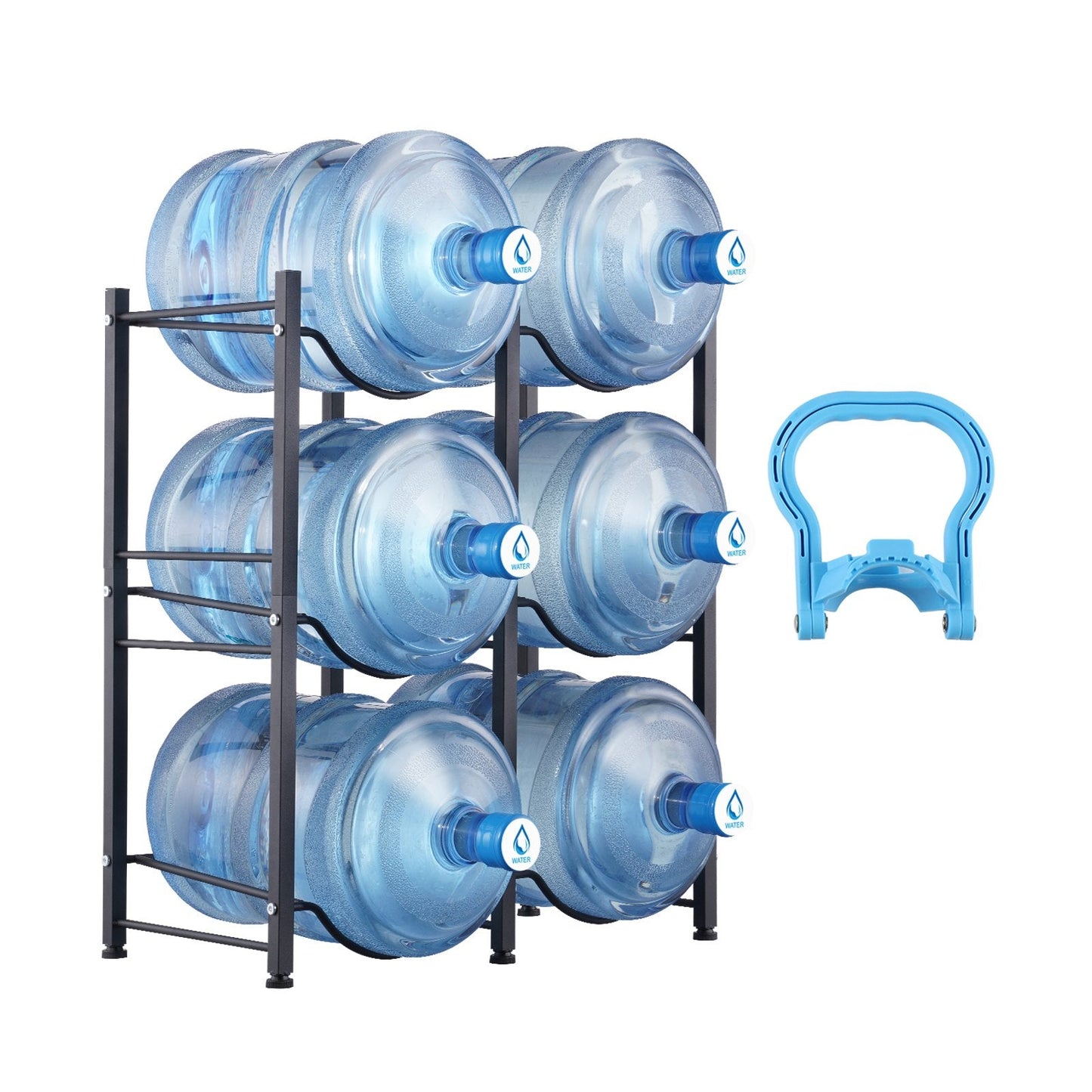 3-Tier Black Iron Water Jug Holder for 6 Bottles, Double Row Storage Rack