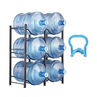 3-Tier Black Iron Water Jug Holder for 6 Bottles, Double Row Storage Rack