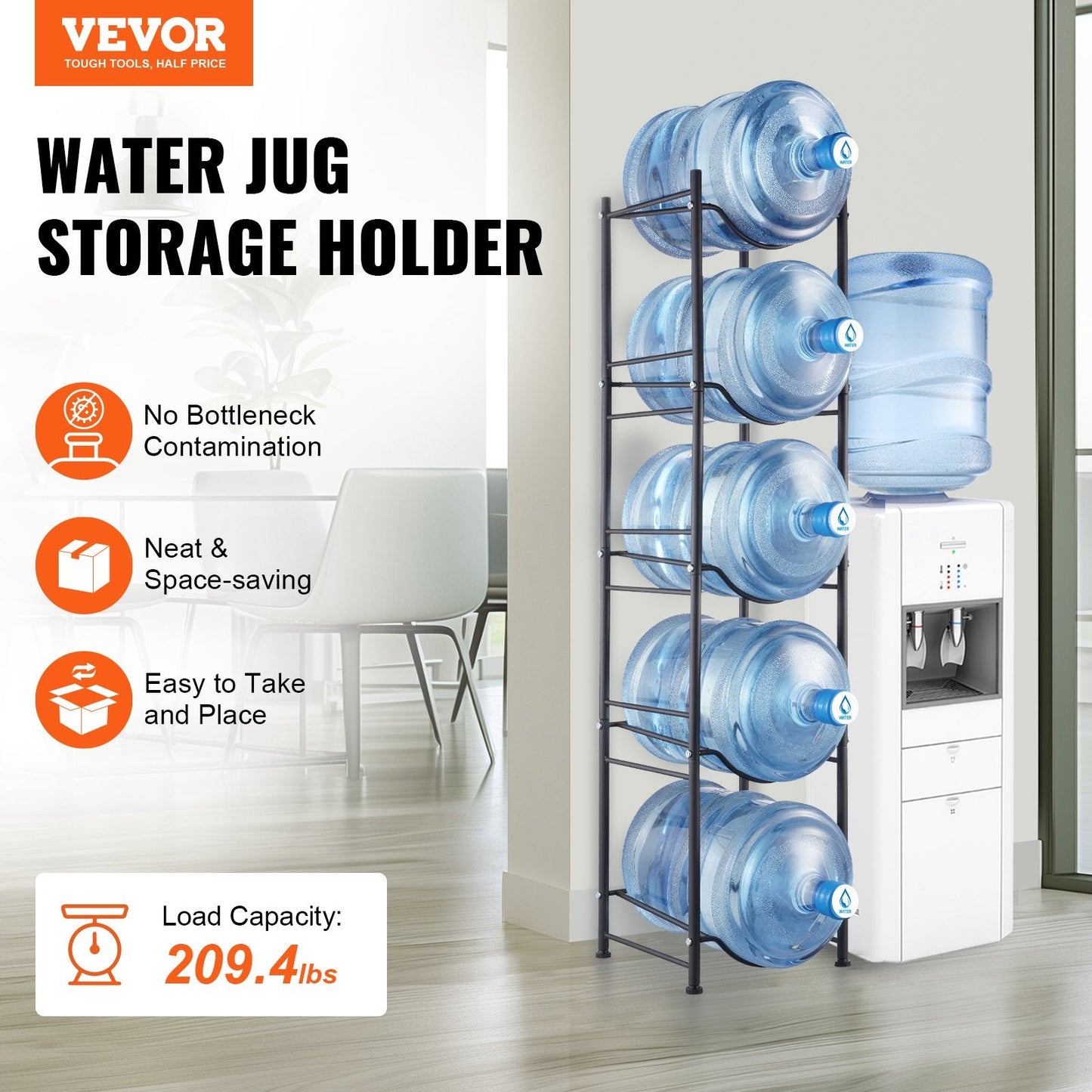 5-Tier Iron Water Bottle Rack, Holds 5 Bottles, Black, Easy Install, Single Row