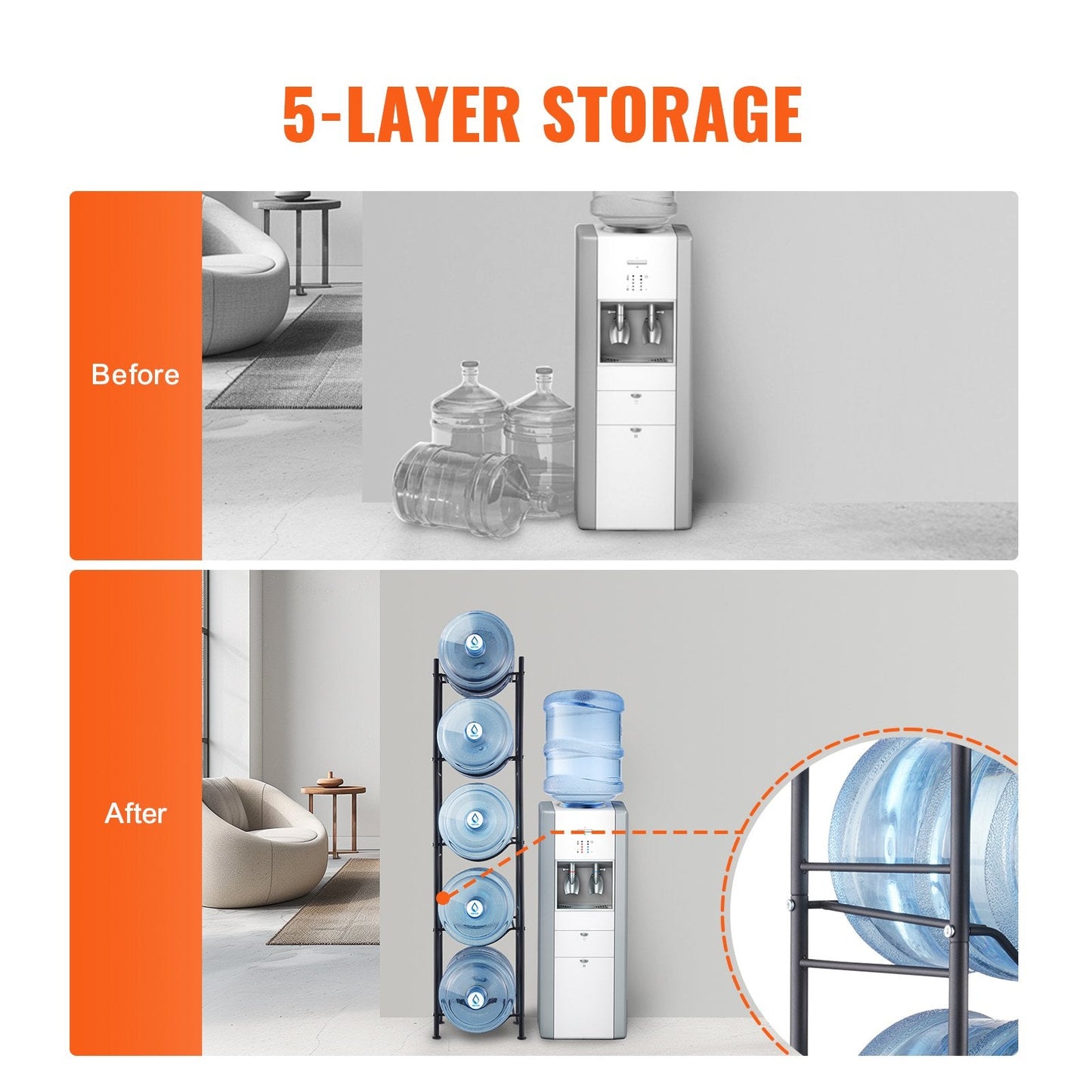 5-Tier Iron Water Bottle Rack, Holds 5 Bottles, Black, Easy Install, Single Row