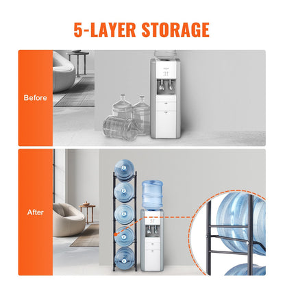 5-Tier Iron Water Bottle Rack, Holds 5 Bottles, Black, Easy Install, Single Row