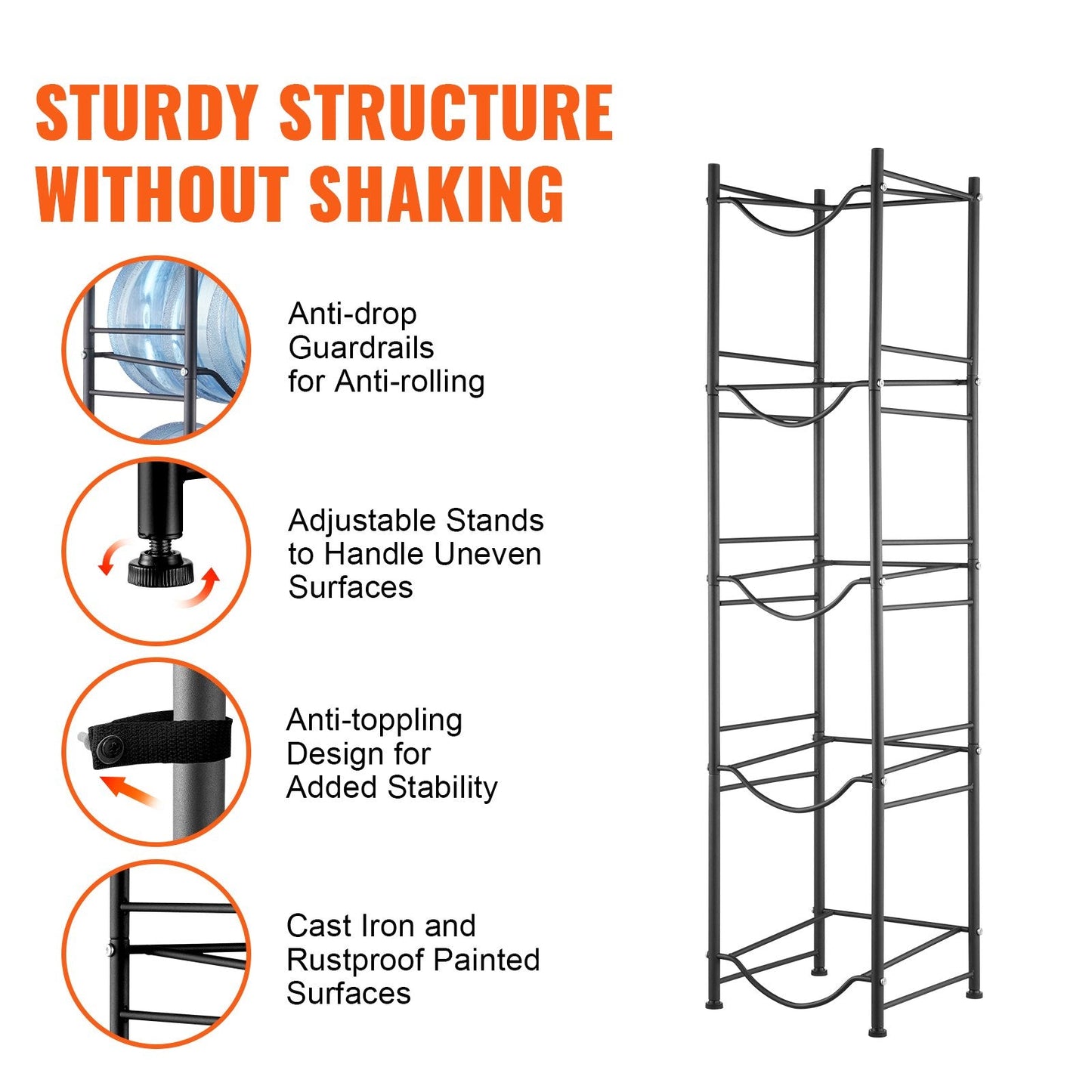 5-Tier Iron Water Bottle Rack, Holds 5 Bottles, Black, Easy Install, Single Row