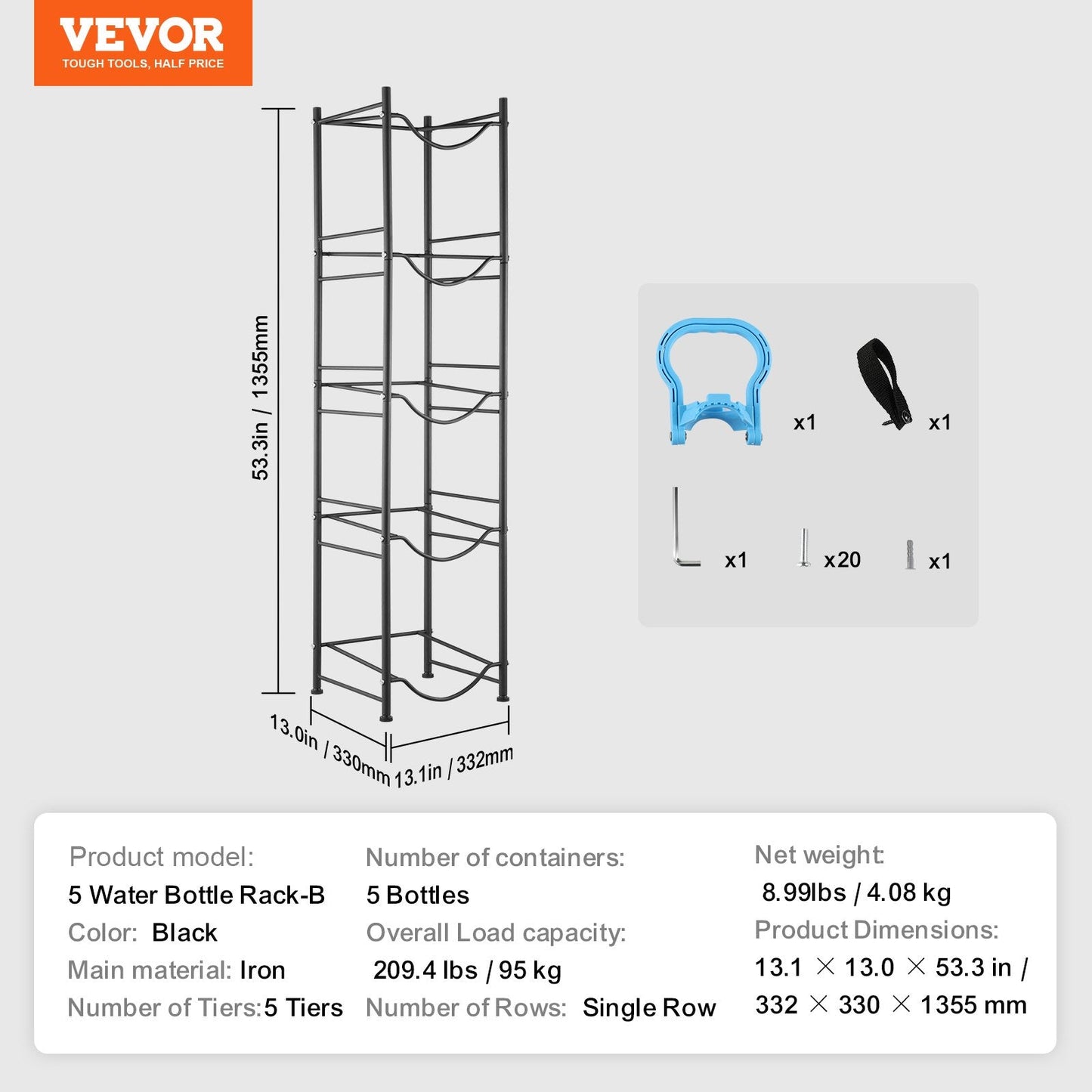 5-Tier Iron Water Bottle Rack, Holds 5 Bottles, Black, Easy Install, Single Row