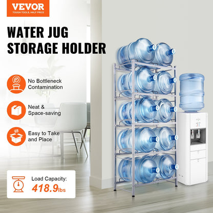 5-Tier Double Row Water Jug Rack for 10 Bottles, Silver Gray, 1.41m Height