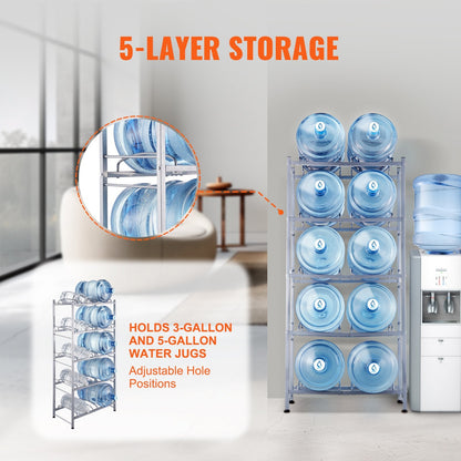 5-Tier Double Row Water Jug Rack for 10 Bottles, Silver Gray, 1.41m Height