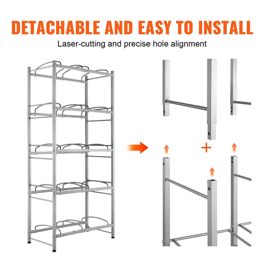 5-Tier Double Row Water Jug Rack for 10 Bottles, Silver Gray, 1.41m Height