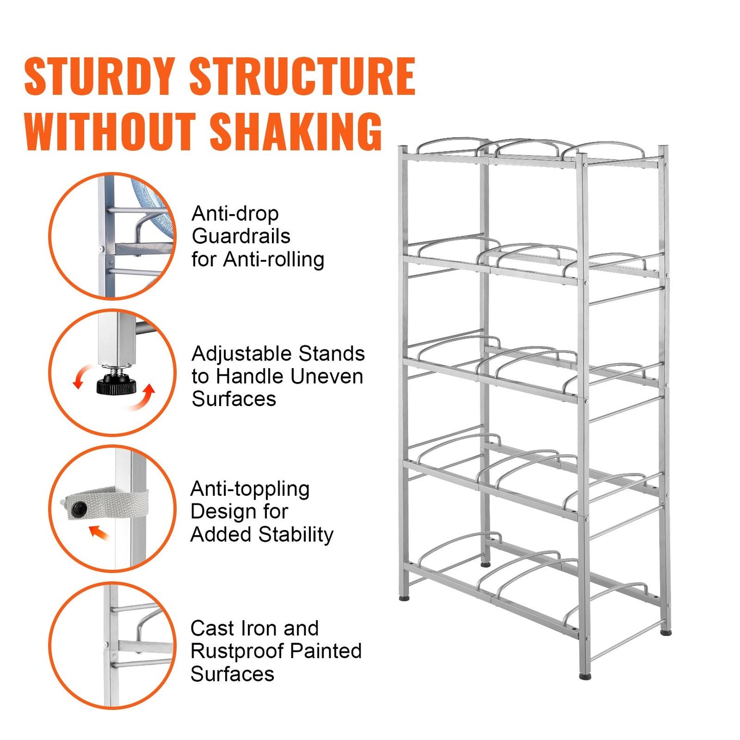 5-Tier Double Row Water Jug Rack for 10 Bottles, Silver Gray, 1.41m Height