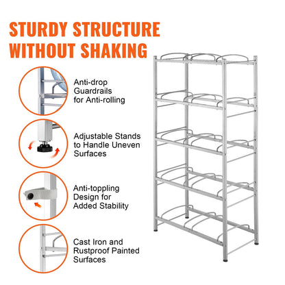 5-Tier Double Row Water Jug Rack for 10 Bottles, Silver Gray, 1.41m Height