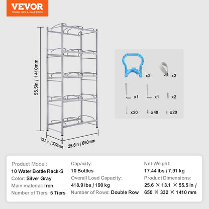 5-Tier Double Row Water Jug Rack for 10 Bottles, Silver Gray, 1.41m Height