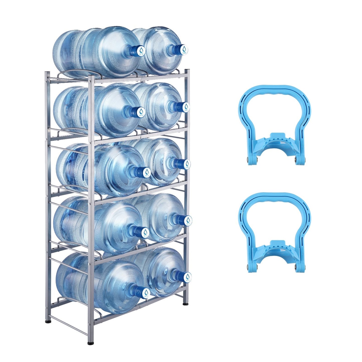5-Tier Double Row Water Jug Rack for 10 Bottles, Silver Gray, 1.41m Height