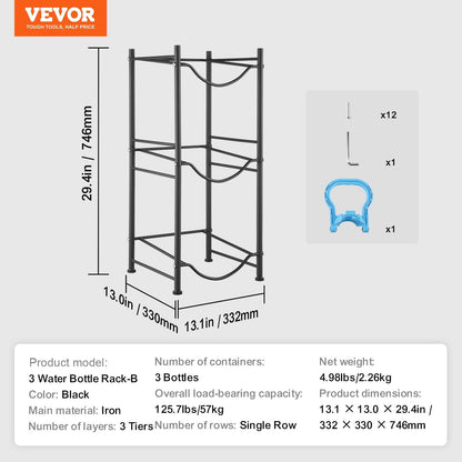 3-Tier Black Water Bottle Rack for 3 Bottles - 0.33m x 0.33m x 0.75m