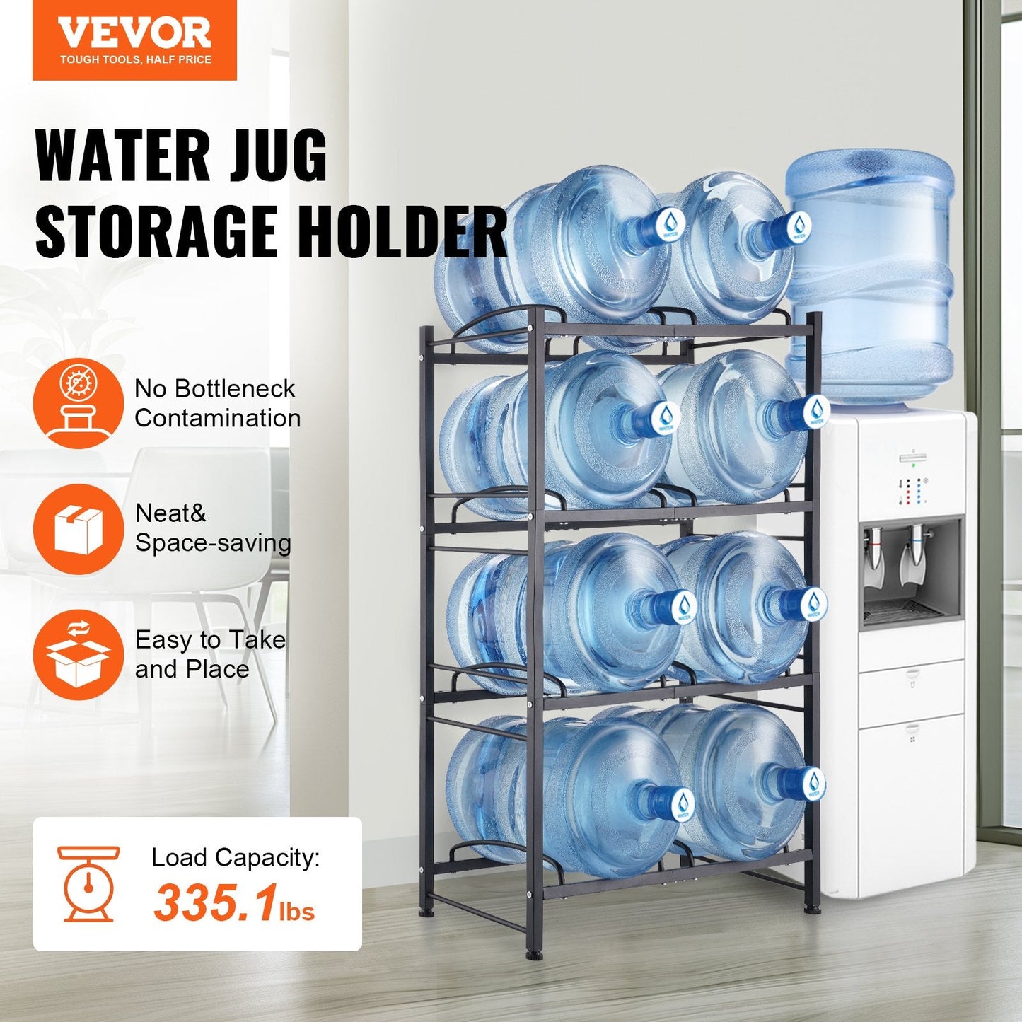 4-Tier Double Row Water Jug Rack for 8 Bottles, Black Iron, Easy Install