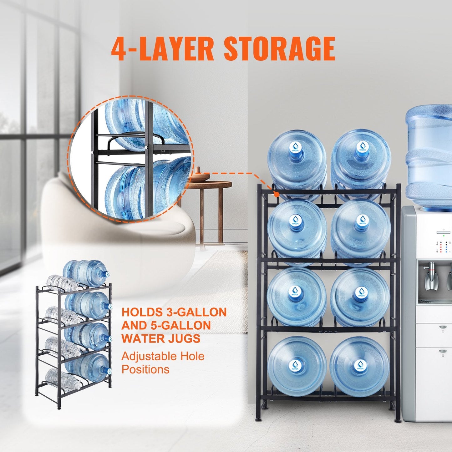 4-Tier Double Row Water Jug Rack for 8 Bottles, Black Iron, Easy Install