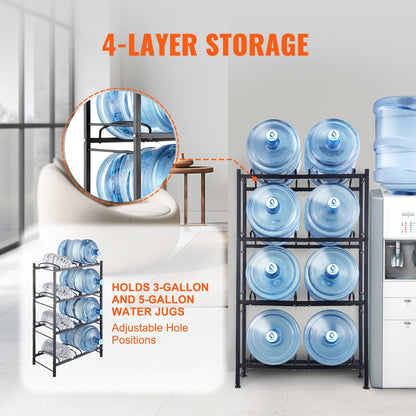 4-Tier Double Row Water Jug Rack for 8 Bottles, Black Iron, Easy Install