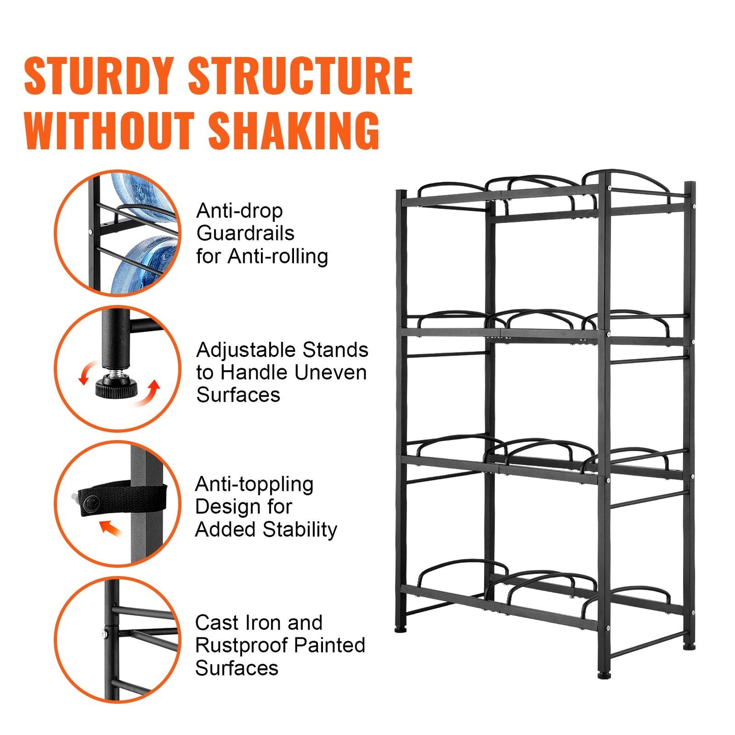 4-Tier Double Row Water Jug Rack for 8 Bottles, Black Iron, Easy Install