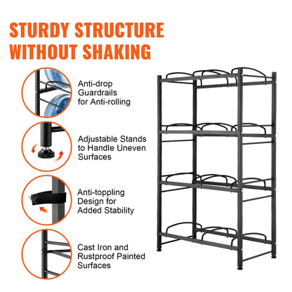 4-Tier Double Row Water Jug Rack for 8 Bottles, Black Iron, Easy Install
